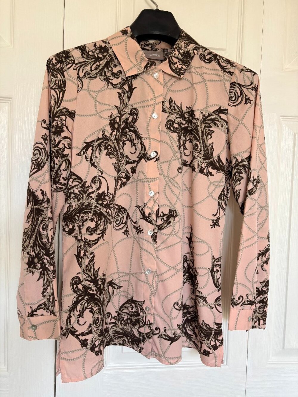 Chico's Pink Brown Baroque Chain Print Button Down Blouse - Size 0 (S)